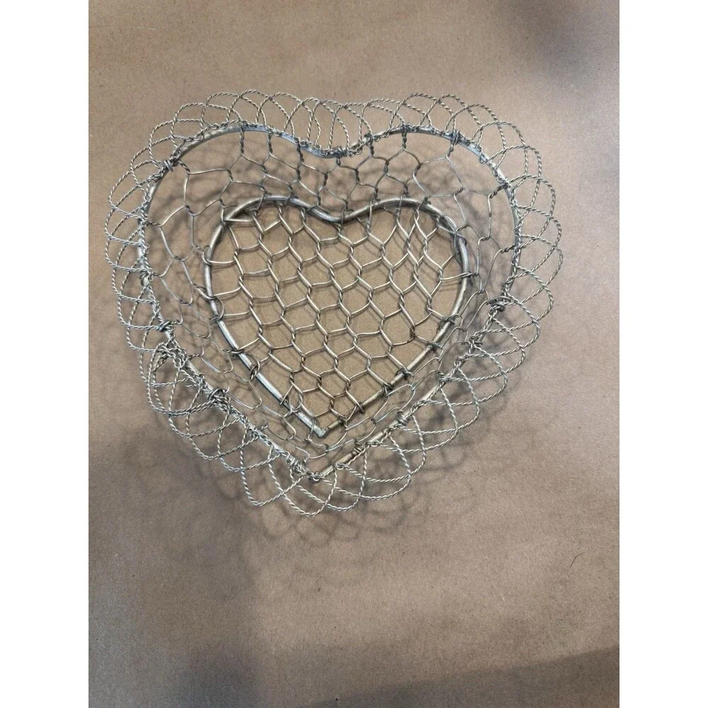 Heart Shaped Silver Metal Wire Decorative Basket with Handles, 7 in
